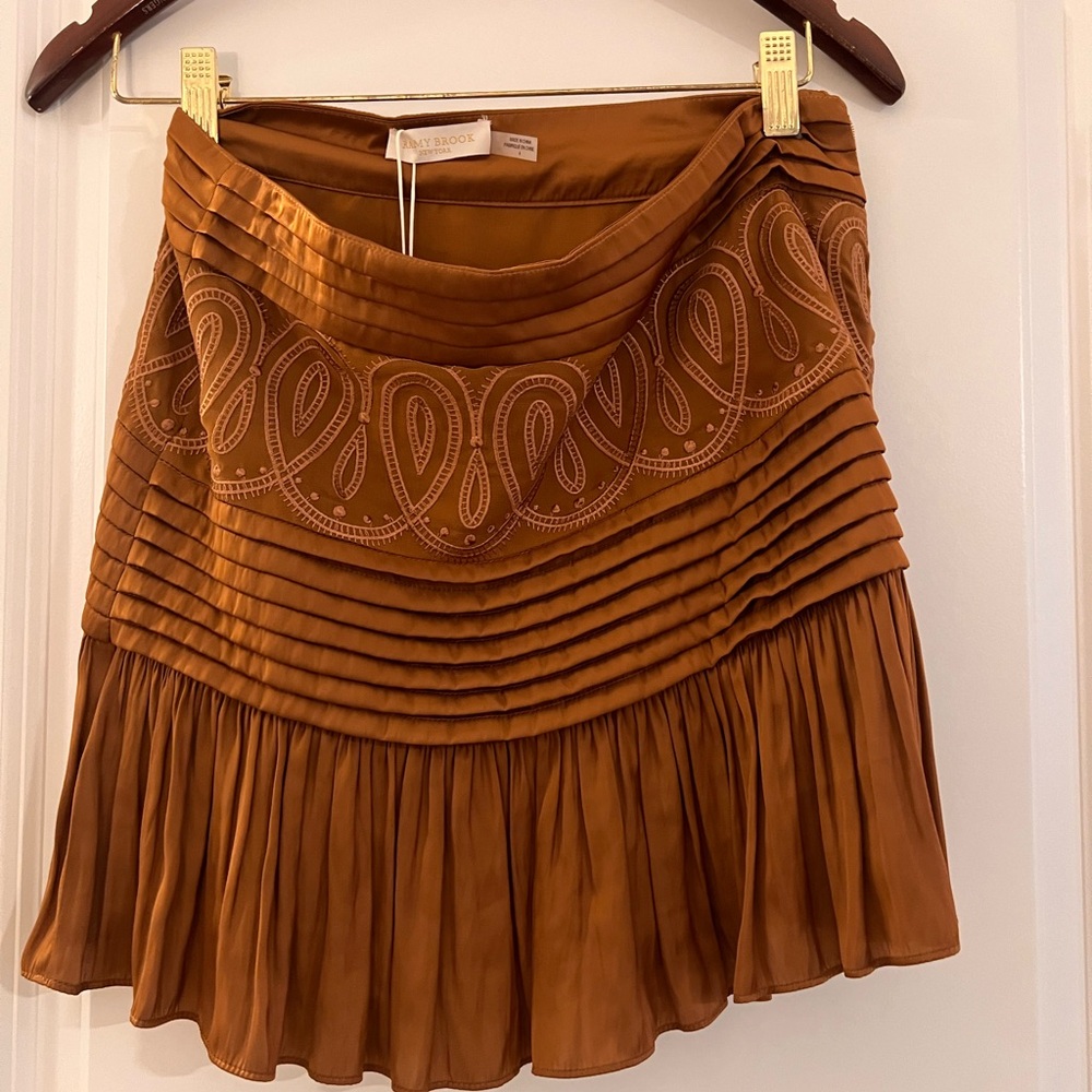 Ramy Brook Cognac Embroidered Pleated Mini Skirt NWT Size 4
